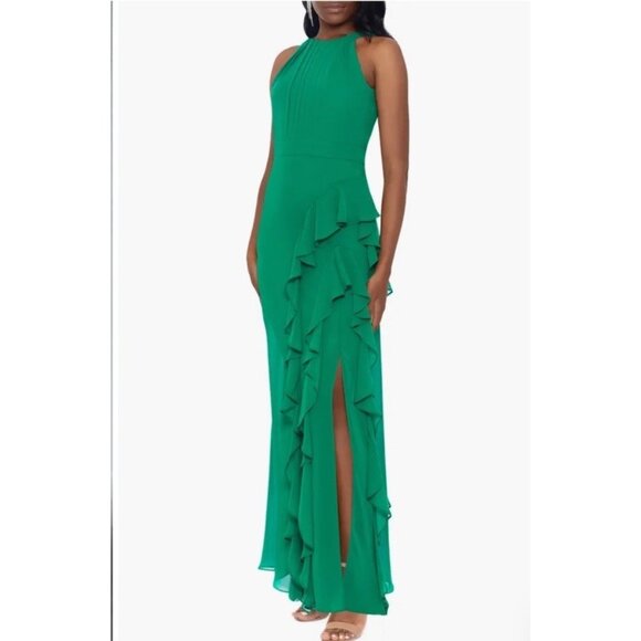New Betsy Adam Womens Size 6 Green Halter-Neck Ruffled Gown Maxi Cocktail Dress - Picture 4 of 12